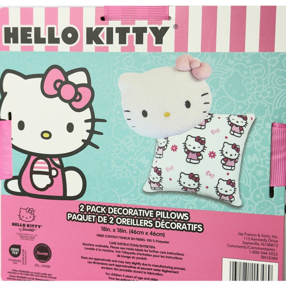 HELLO KITTY Throw Pillow SET- 2 Pack Decorative Plush Pink Bow 18x18 Kids Rm NWT - Picture 4 of 5